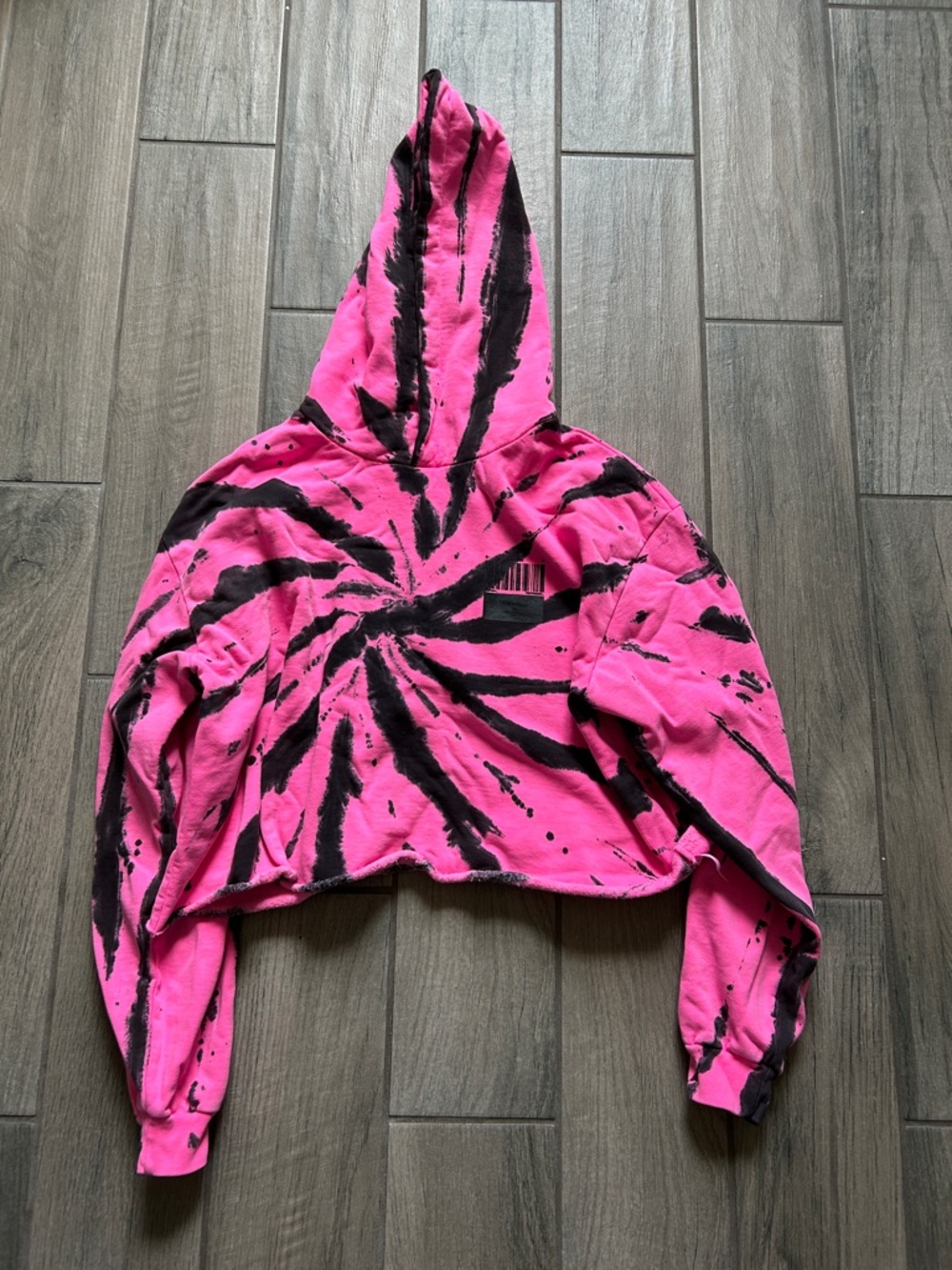 Barcode Pink and Black Tie-Dye Cropped Hoodie